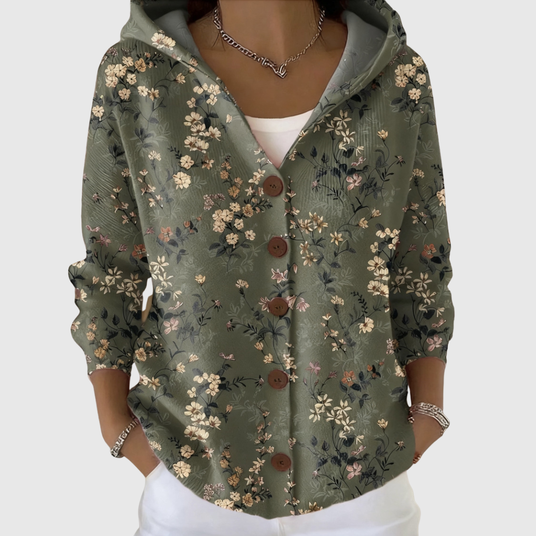 Women's Floral Hooded Cardigan, Button Front, Long Sleeves