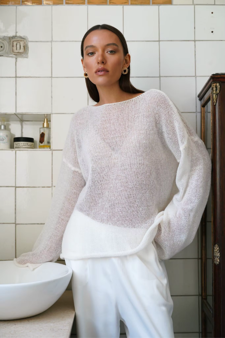 Leila Sheer Open-Knit Boat Neck Sweater