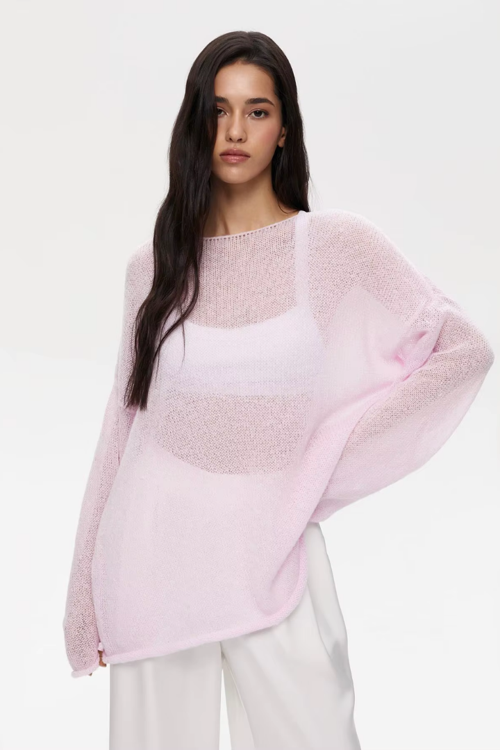 Leila Sheer Open-Knit Boat Neck Sweater