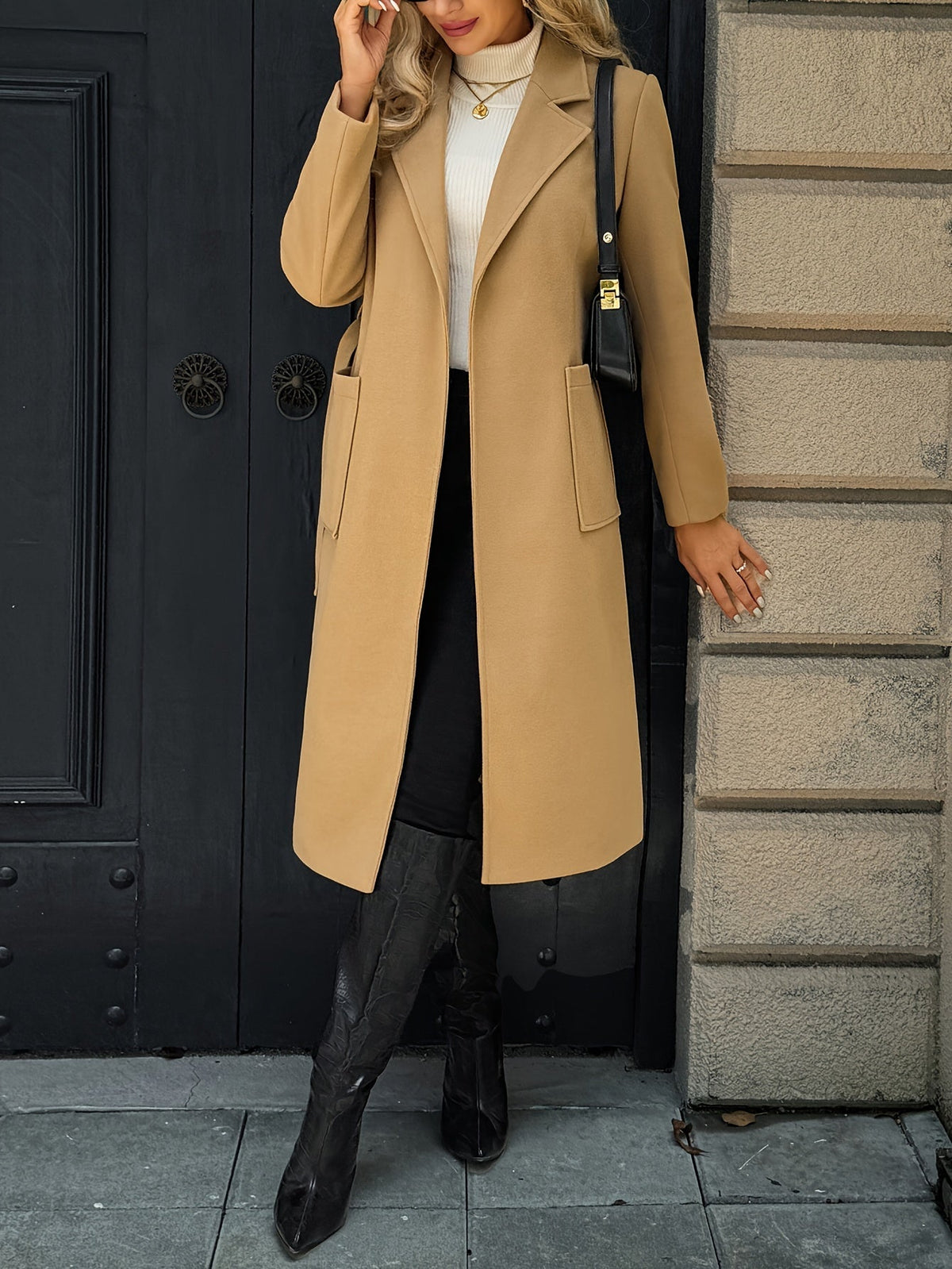 Women's Coat with Waist Belt and Pockets | For Winter | Size S-XL | Camel, Light Brown, Black, Grey