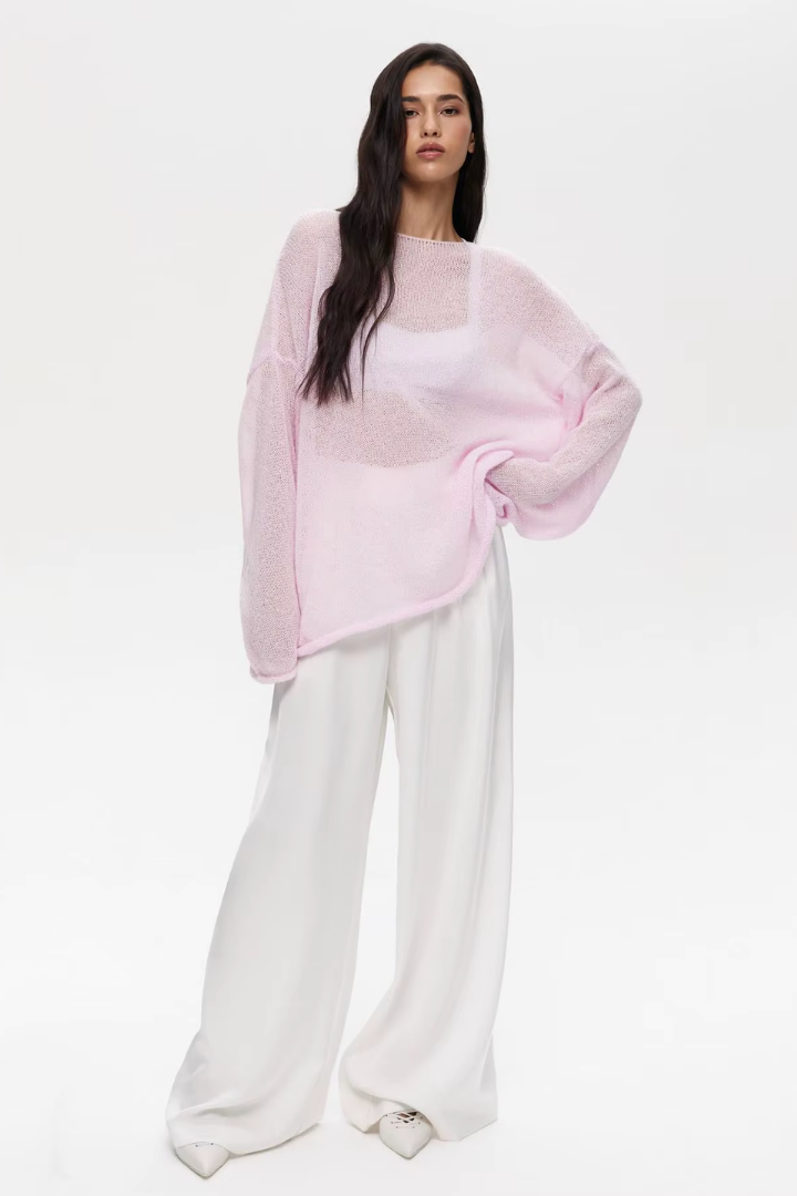 Leila Sheer Open-Knit Boat Neck Sweater