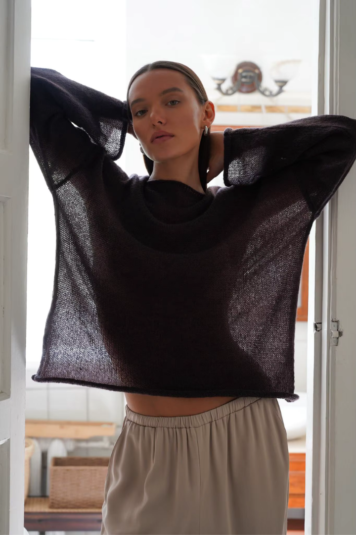 Leila Sheer Open-Knit Boat Neck Sweater