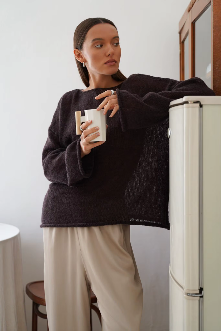 Leila Sheer Open-Knit Boat Neck Sweater