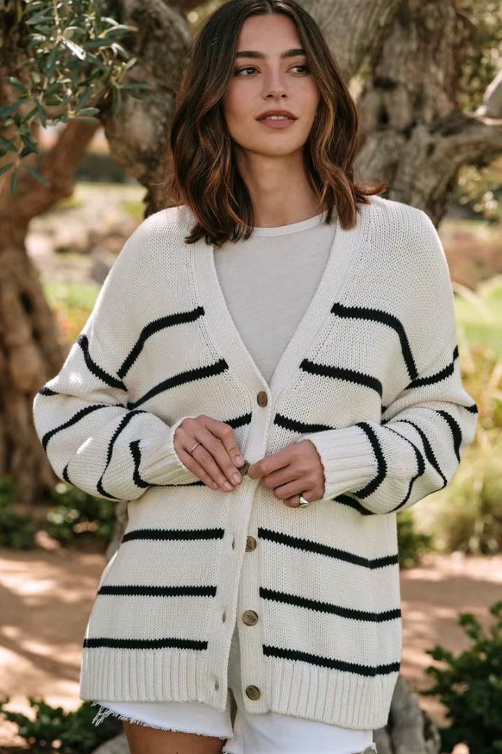 Gaia Striped Button-Front Knit Cardigan