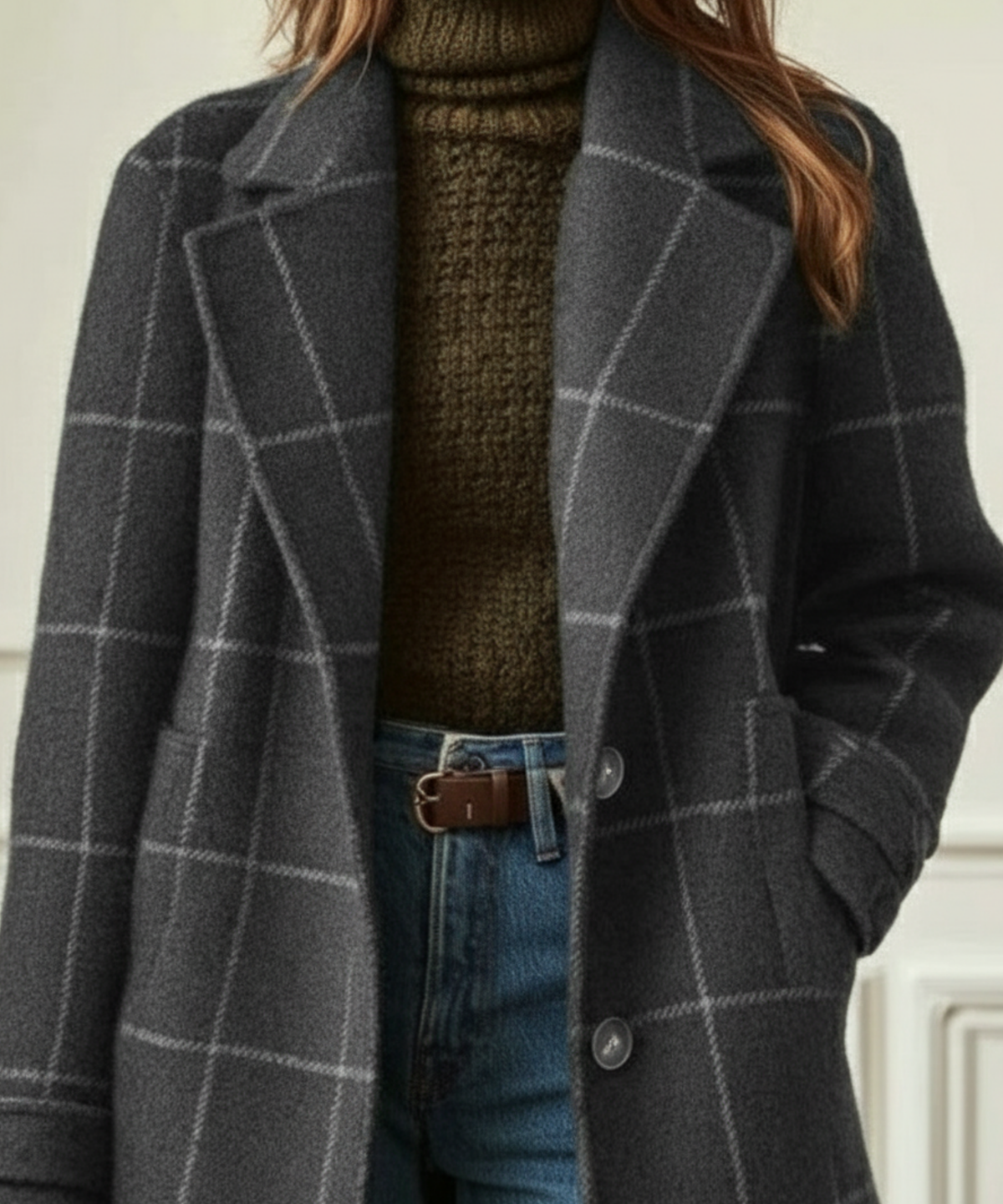 Julie | Womens Wool Blend Check Coat with Lapel Collar | Tweed Texture, Lined | Dark Green or Gray Sizes S-5XL