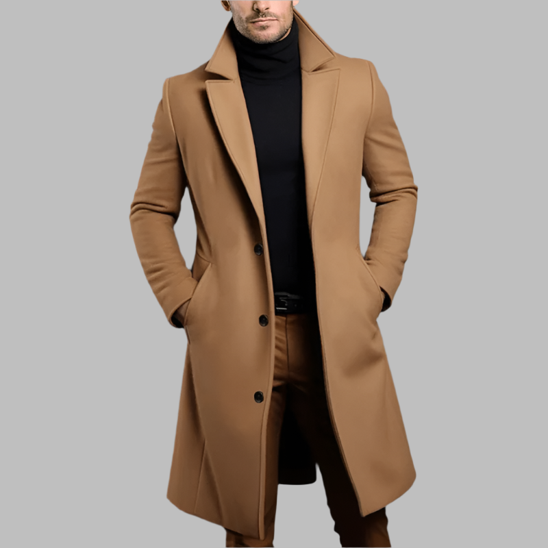 Men's Long Overcoat, Notched Lapels, Long Sleeves, Button Front