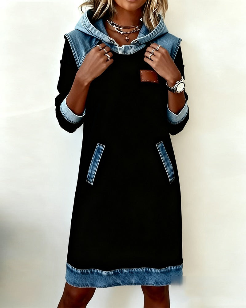 Women's Hoodie Sweatshirt Dress with Denim Trim Long Sleeve and Pockets