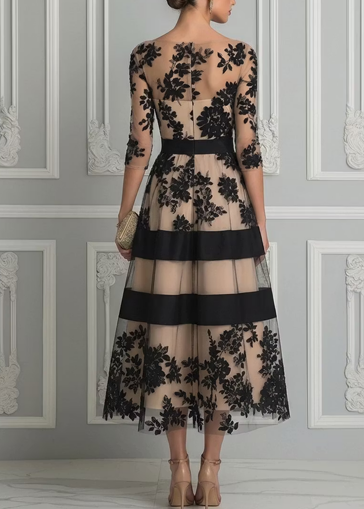 Elegant Black Lace A-Line Midi Dress™
