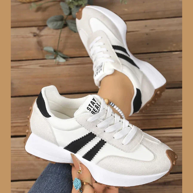 Women's Retro Lace-Up Sneakers, Striped Panel Design