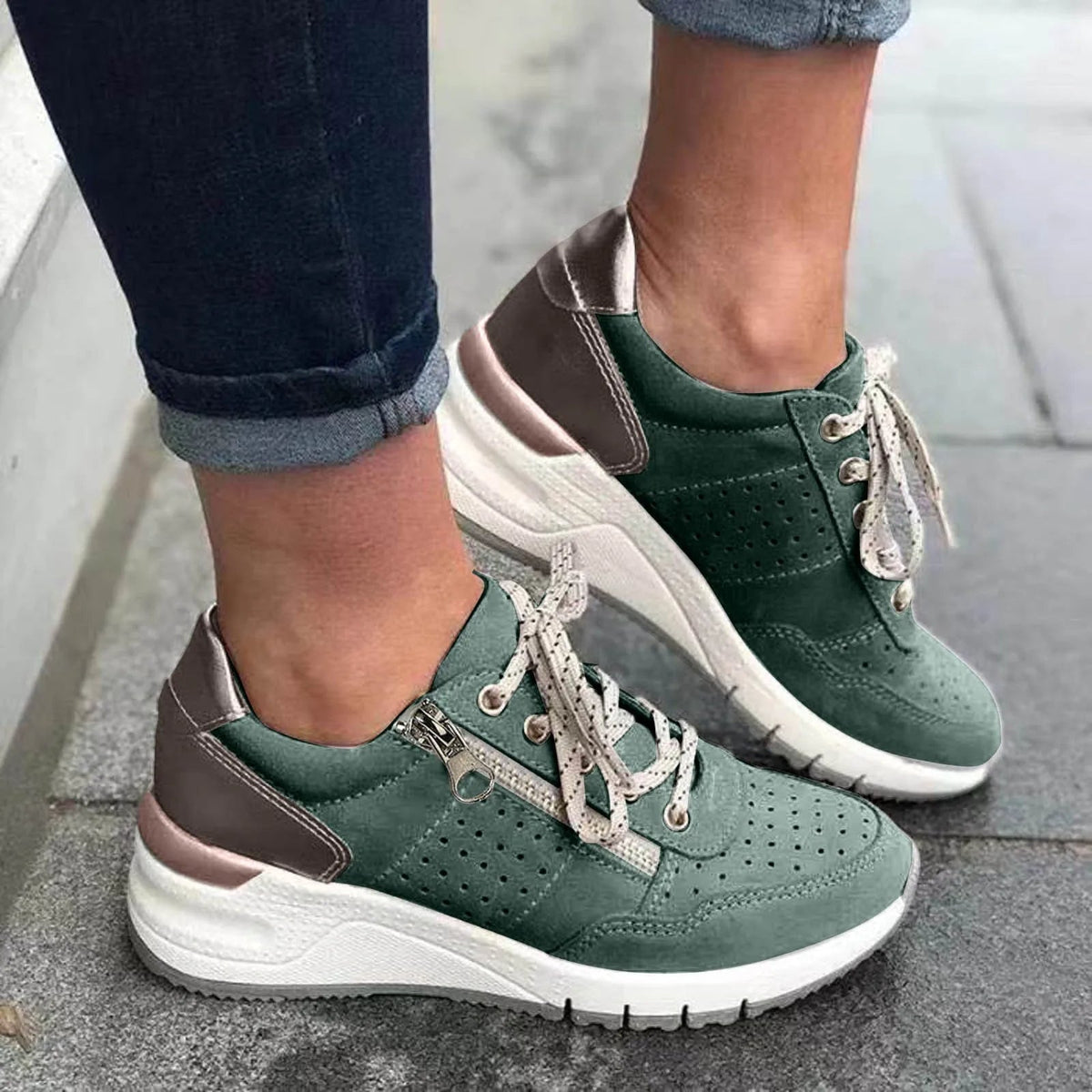 Women's Lace-Up Sneakers with Chunky Sole and Side Zip
