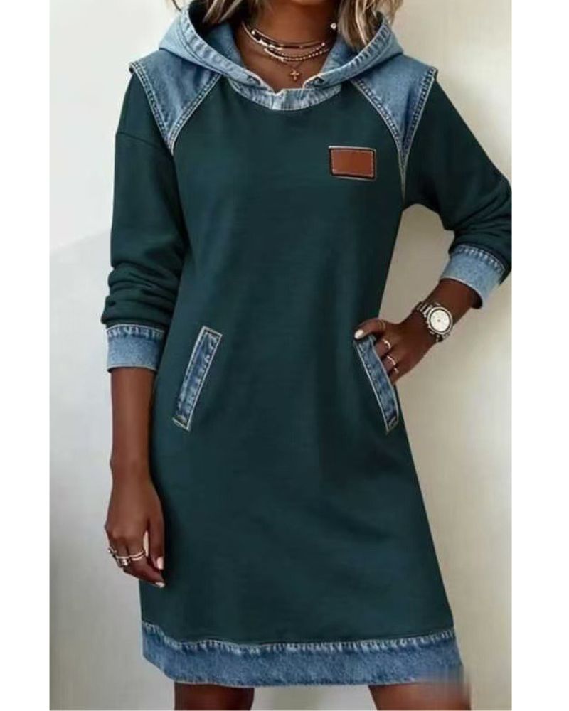 Women's Hoodie Sweatshirt Dress with Denim Trim Long Sleeve and Pockets