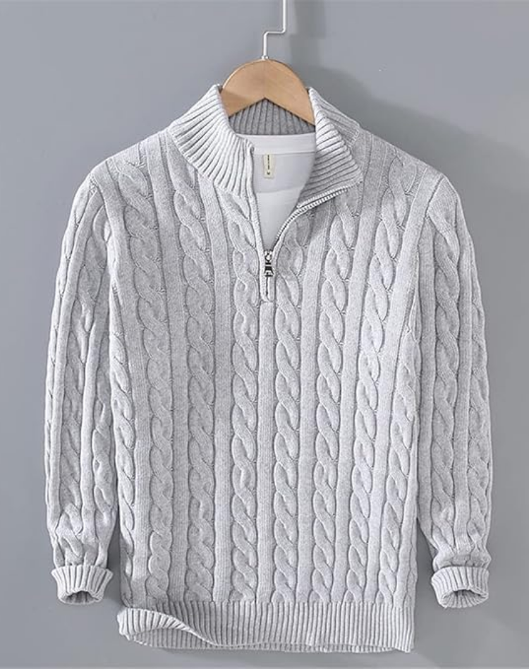 Sean | Mens Cable Knit Half-Zip Sweater with High Collar | Regular Fit, Slight Stretch | Gray, Navy and More S-3XL