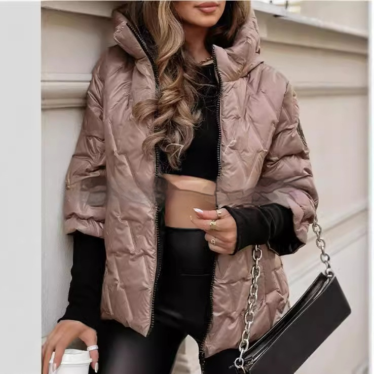 Women's Puffer Jacket with Quilted Panels and Hood | Patchwork | For Winter | Size S-3XL | Brown, Khaki, White, Black