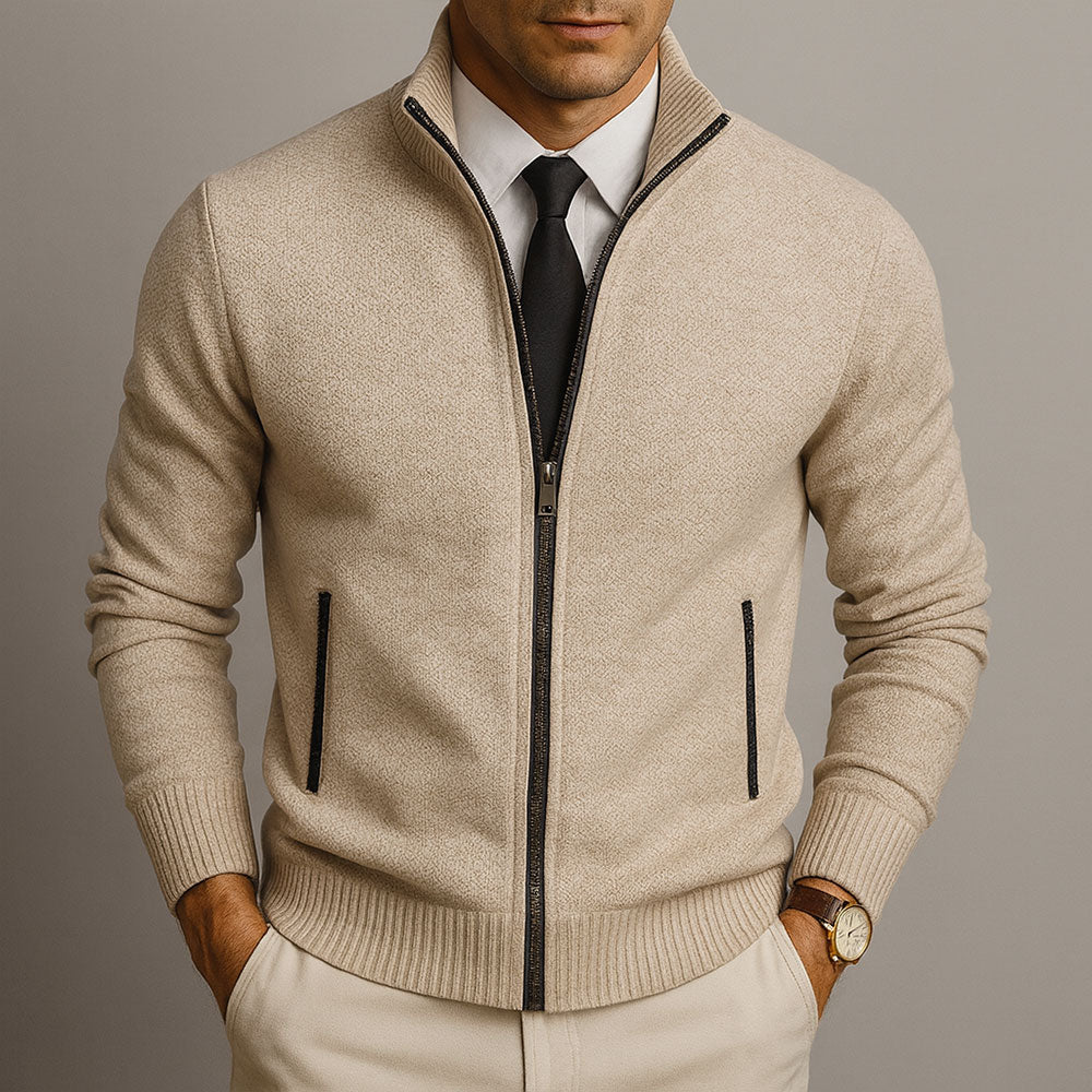 Men's Zip-Up Cardigan Sweater, Stand Collar, Long Sleeves