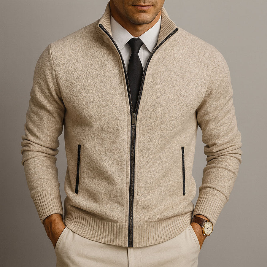 Men's Textured Zip Sweater, Mock Neck, Long Sleeves