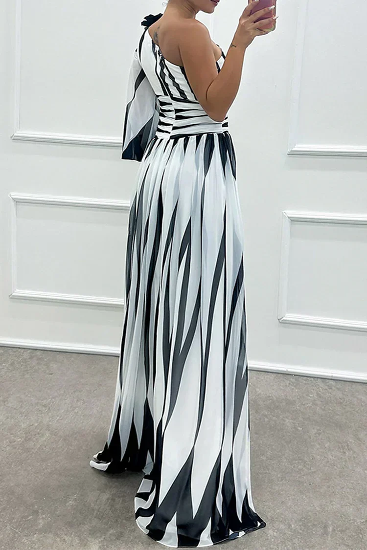Women's Striped One Shoulder Maxi Dress | Pleated Skirt with a Front Slit and Fitted Waist | Size S-XL, 4 Colors