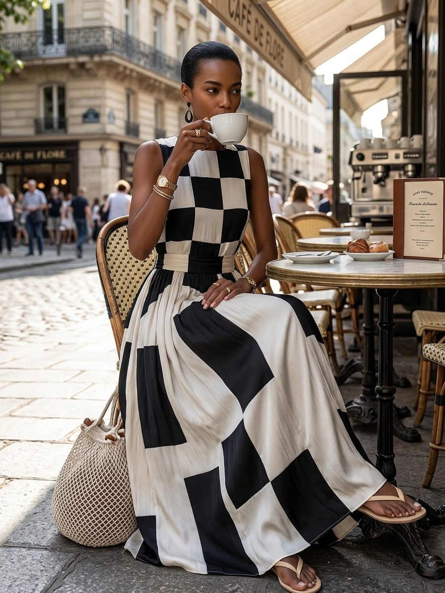 Yolaine | Sleeveless Checked and Striped Linen Maxi Dress