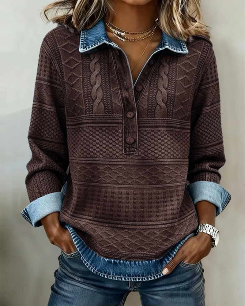 Kristen | Womens Cable Knit Sweater with Collar and Button Neckline | Relaxed Fit, Long Sleeves | Blue, Gray, Brown S-3XL