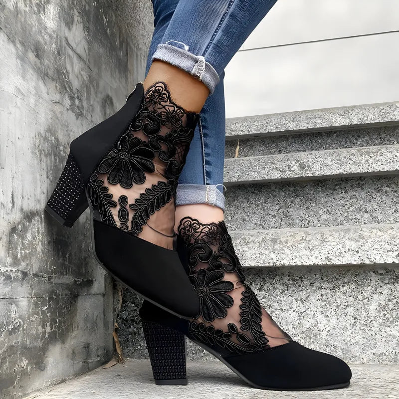 Women's Lace Overlay Ankle Boots with Block Heel