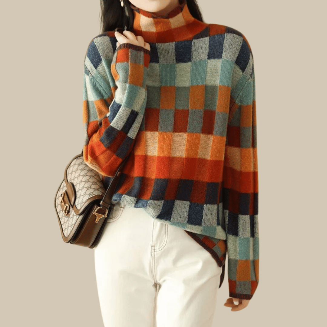 Ravelyn Patchwork Check Turtleneck Sweater