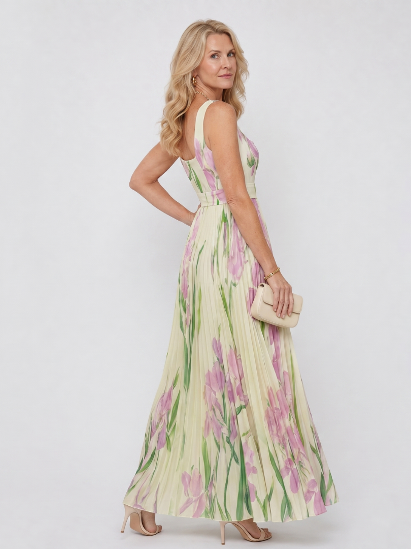 Satin midi dress with a square neckline and pleated skirt