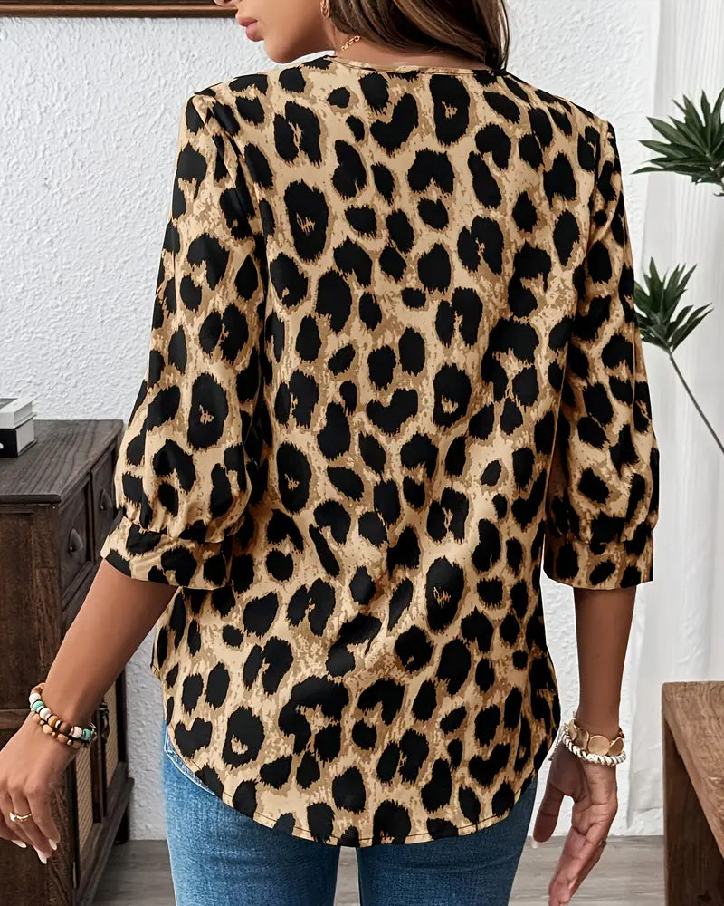 Women's Leopard Print Blouse, V-Neck, 3/4 Sleeves, Loose