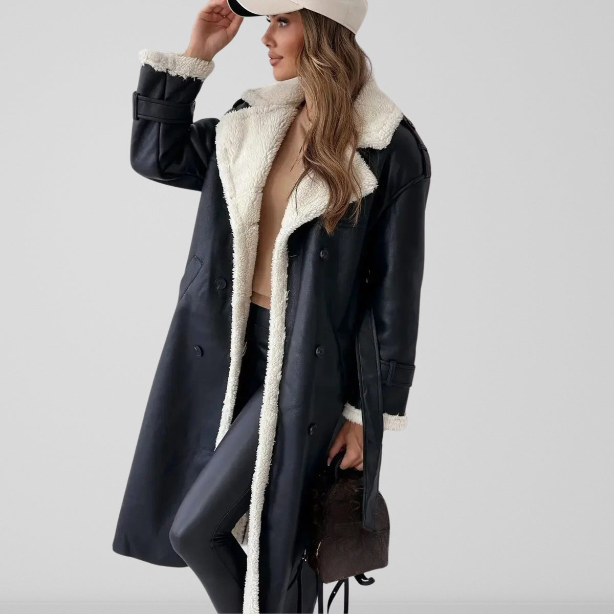 Women's Long Winter Coat, Shearling Trim, Double-Breasted