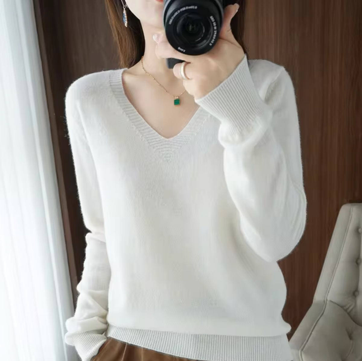 Sheena | Womens V-Neck Sweater with Cashmere Feel | Lightweight Soft Knit, Rib Cuffs | Blue, Pink, Black and More XS-XXXL