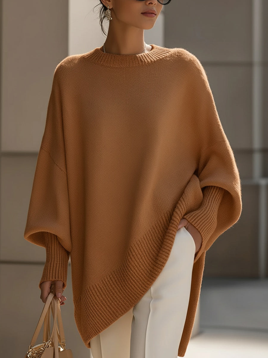 Lindsay | Womens Oversized Knit Poncho Sweater with Batwing Sleeves | Asymmetrical Hem, Round Neck | 7 Colors S-XL