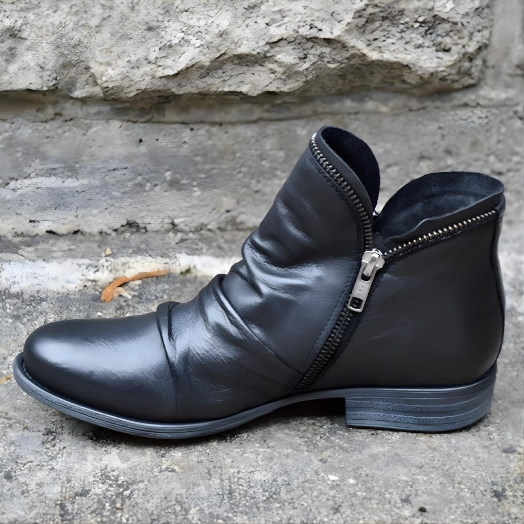 Unisex Ankle Boots, Diagonal Zipper, Round Toe, Low Heel