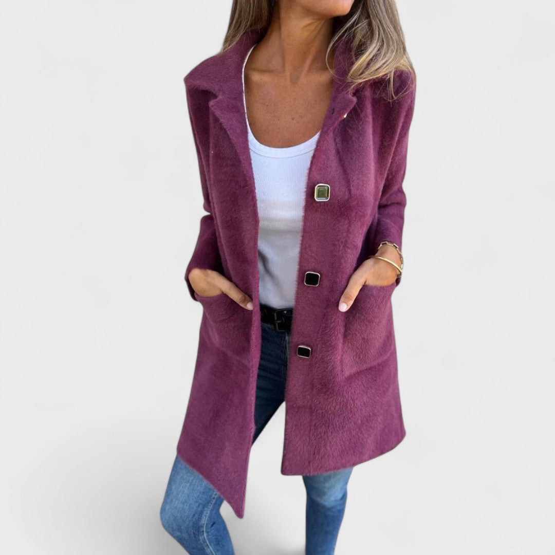 Women's Longline Button Coat, Notched Lapels, Front Pockets
