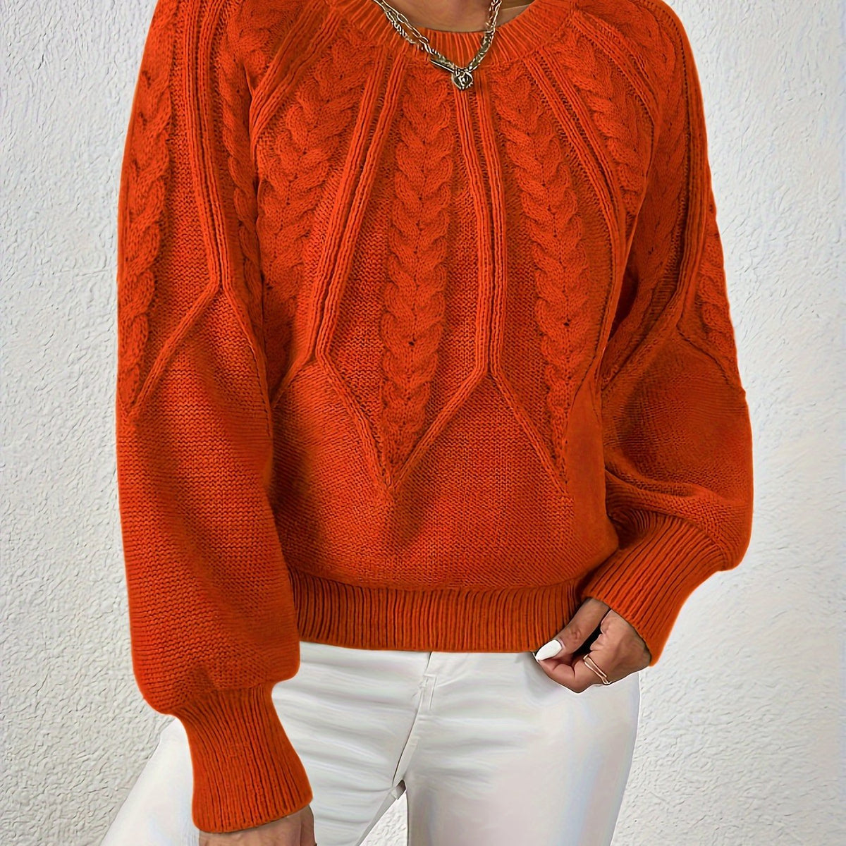 Women's Cable-Knit Pullover Sweater with Lantern Sleeves