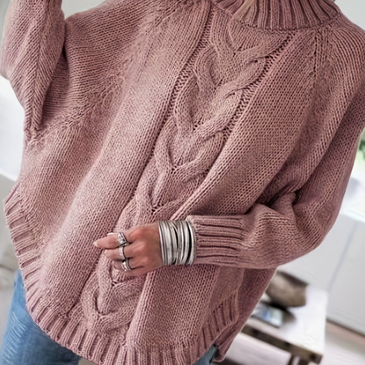 Women's Cable-Knit High-Neck Sweater Relaxed Fit