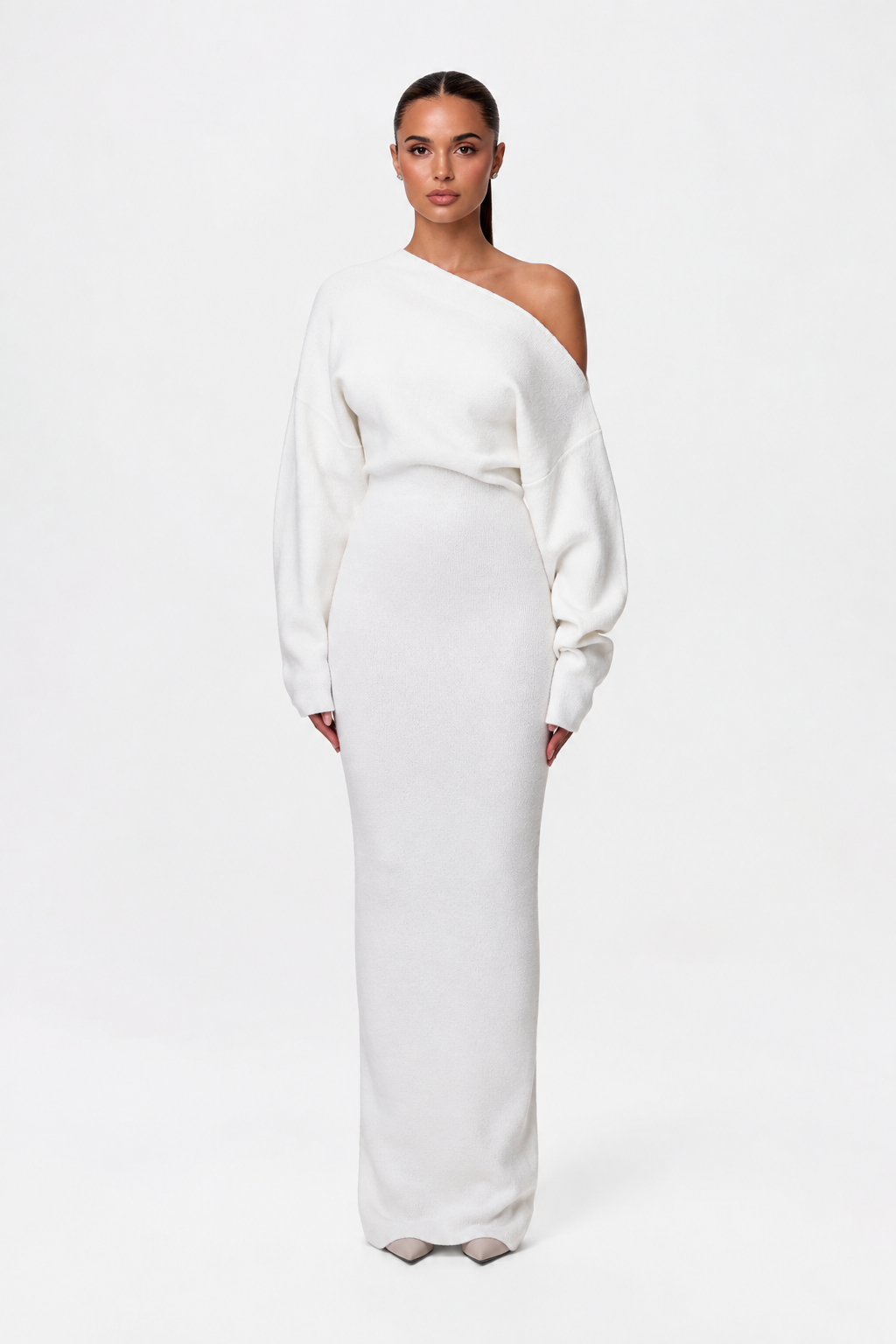 Women's Asymmetric Off-Shoulder Knit Maxi Dress, Long Sleeves