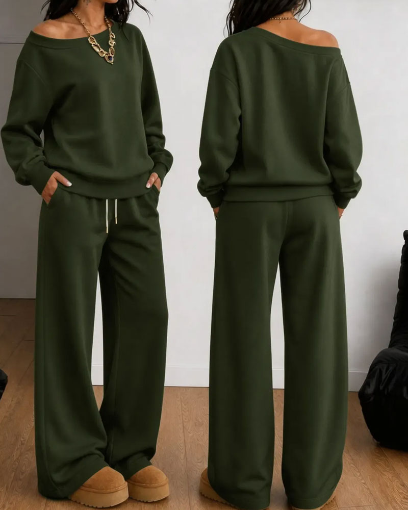 Women's Off-Shoulder Sweatshirt And Wide-Leg Trouser Set