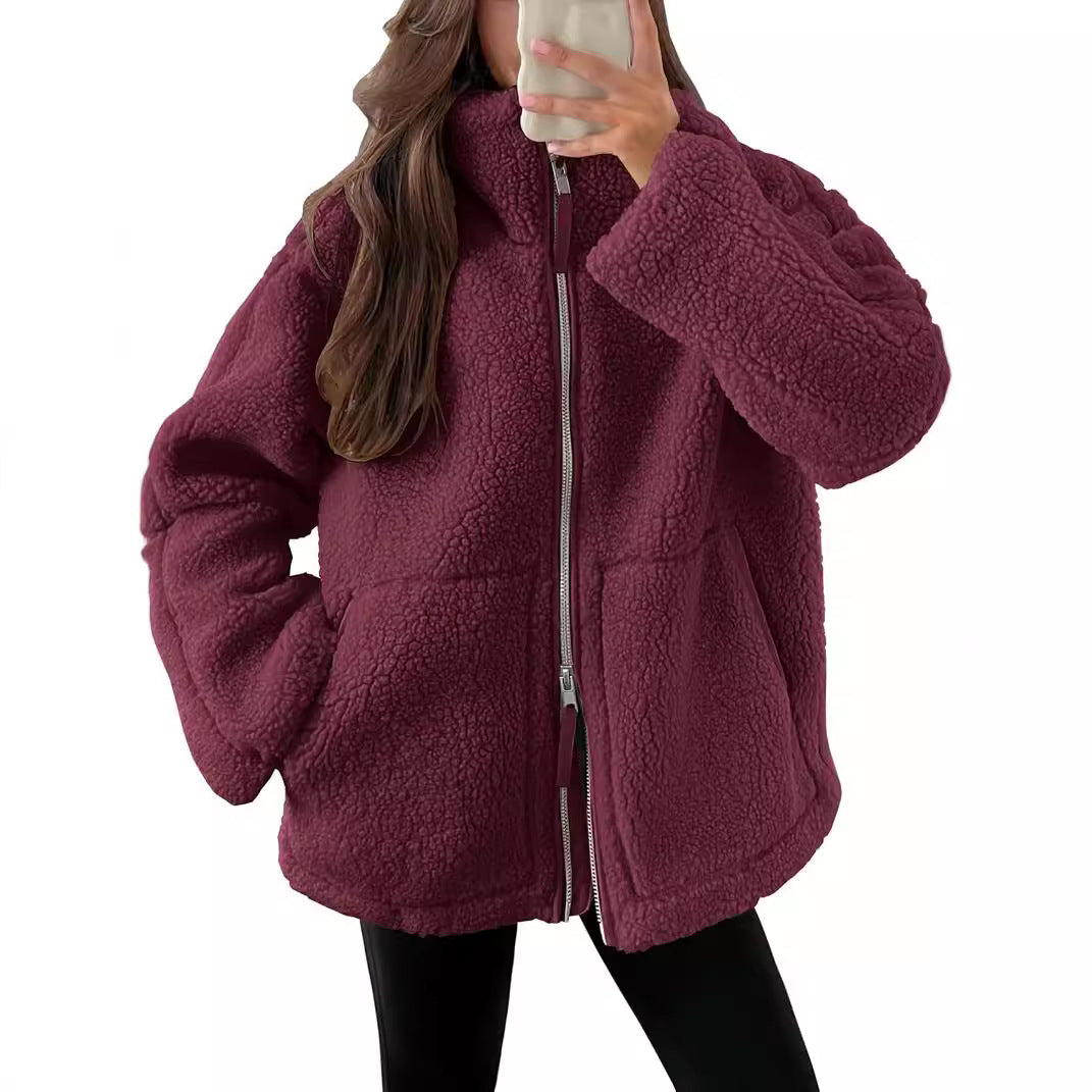 Women's Teddy Fleece Zip-Up Coat, Lapel Collar, Long Sleeves