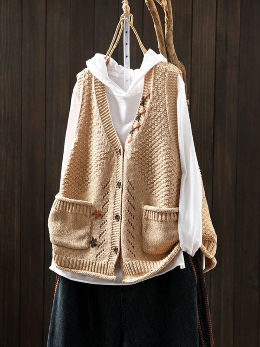 Women's Textured Knit Vest, V-Neck, Button Front, Patch Pockets