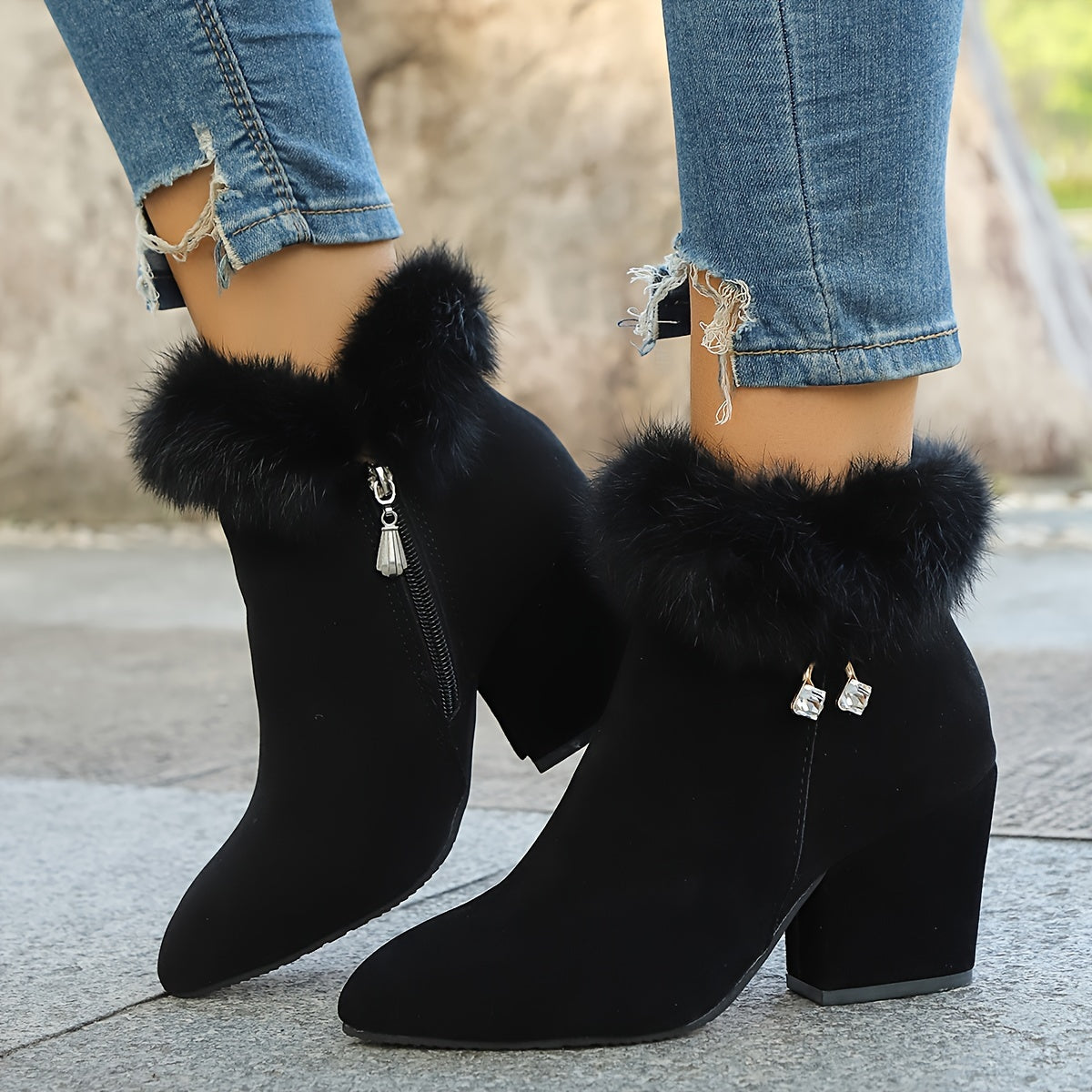 Women's Faux Fur Trim Ankle Boots with Block Heel