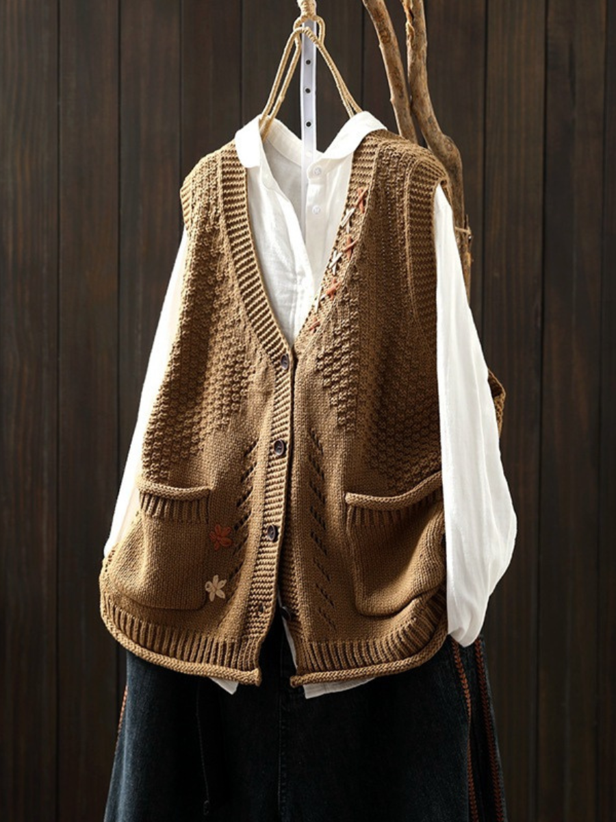 Women's Textured Knit Vest, V-Neck, Button Front, Patch Pockets