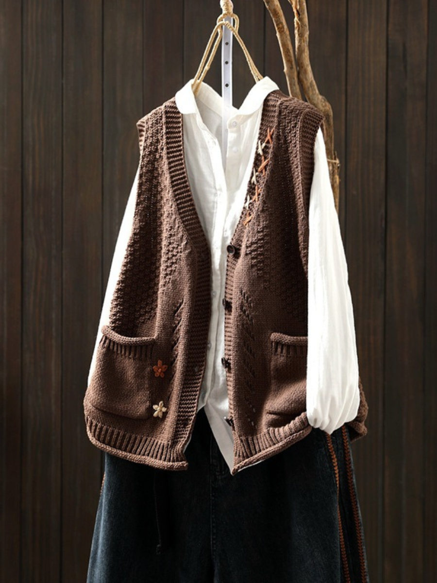 Women's Textured Knit Vest, V-Neck, Button Front, Patch Pockets