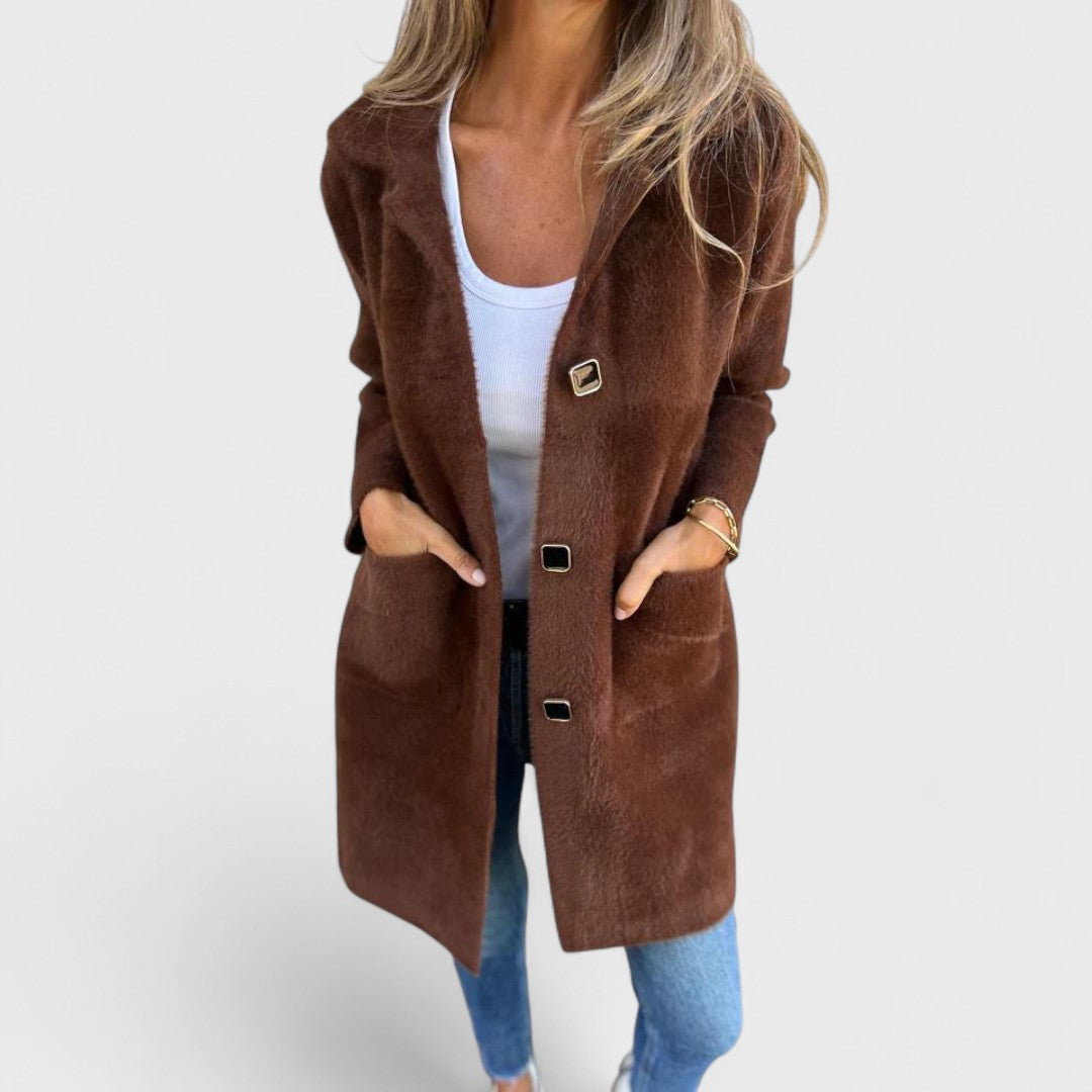 Women's Longline Button Coat, Notched Lapels, Front Pockets