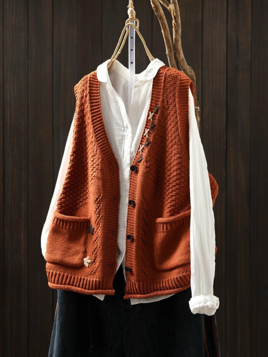 Women's Textured Knit Vest, V-Neck, Button Front, Patch Pockets