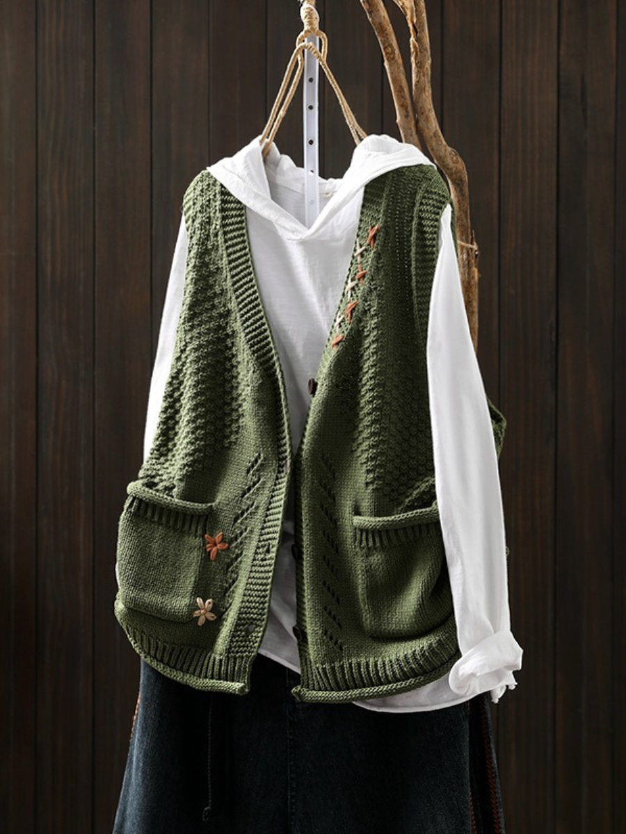 Women's Textured Knit Vest, V-Neck, Button Front, Patch Pockets