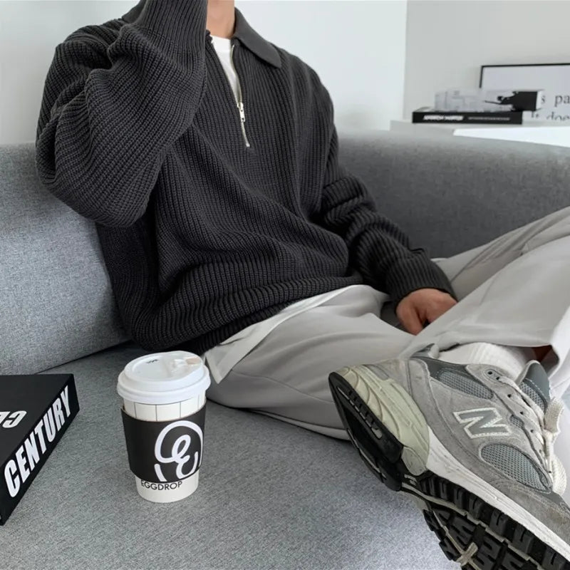 Jose | Mens Knit Zip Sweater with Collar | Loose Relaxed Fit, Classic Zipper Closure | Black, Gray, Khaki M-3XL