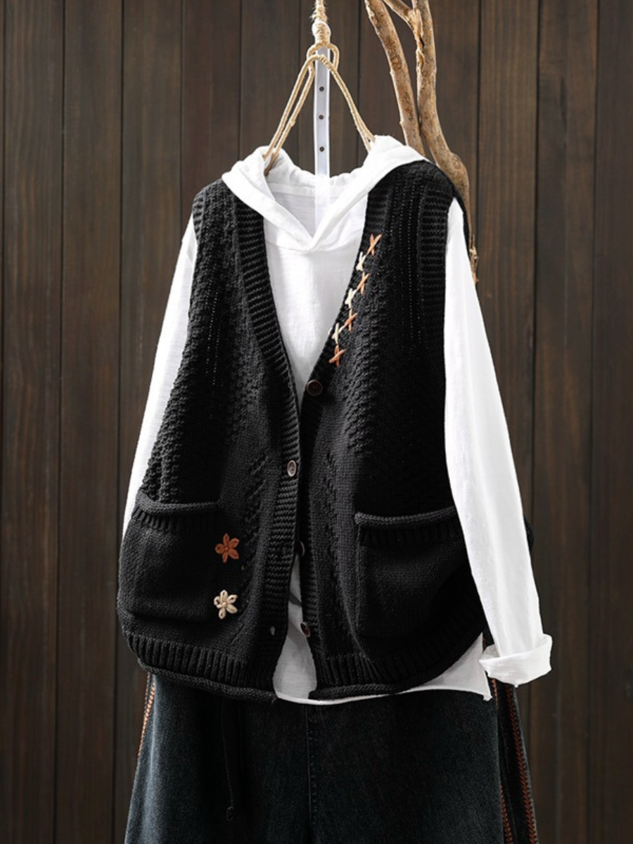 Women's Textured Knit Vest, V-Neck, Button Front, Patch Pockets