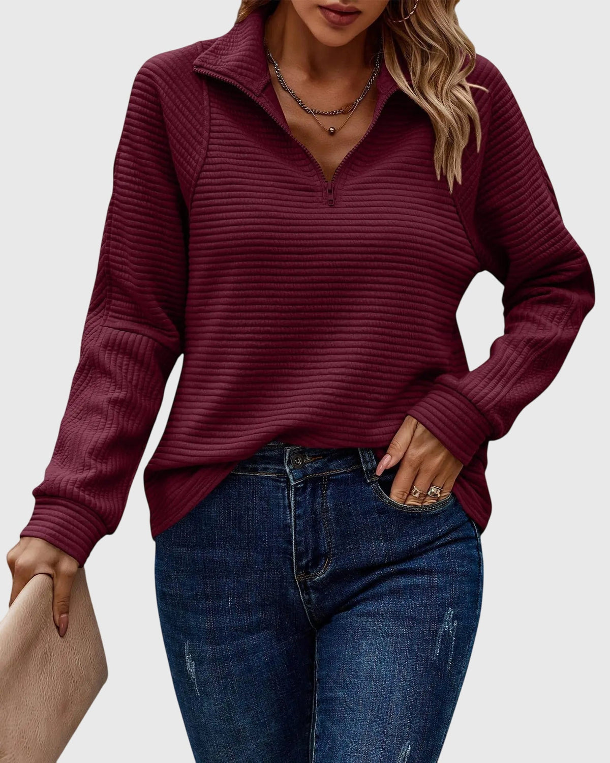 Women's Sweater with V-Neck and Zip Closure | Size S-2XL | Pink, White, Grey, Black, Maroon, Dark Blue