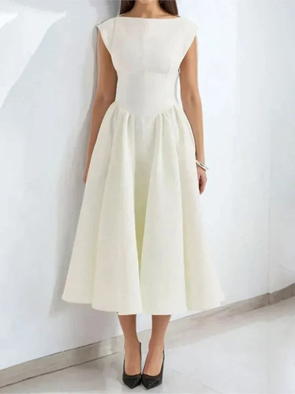 Women's Satin Midi Dress with Bateau Neck and Cap Sleeves | Open Back, Pockets | Sizes XS to XL, 4 Colors