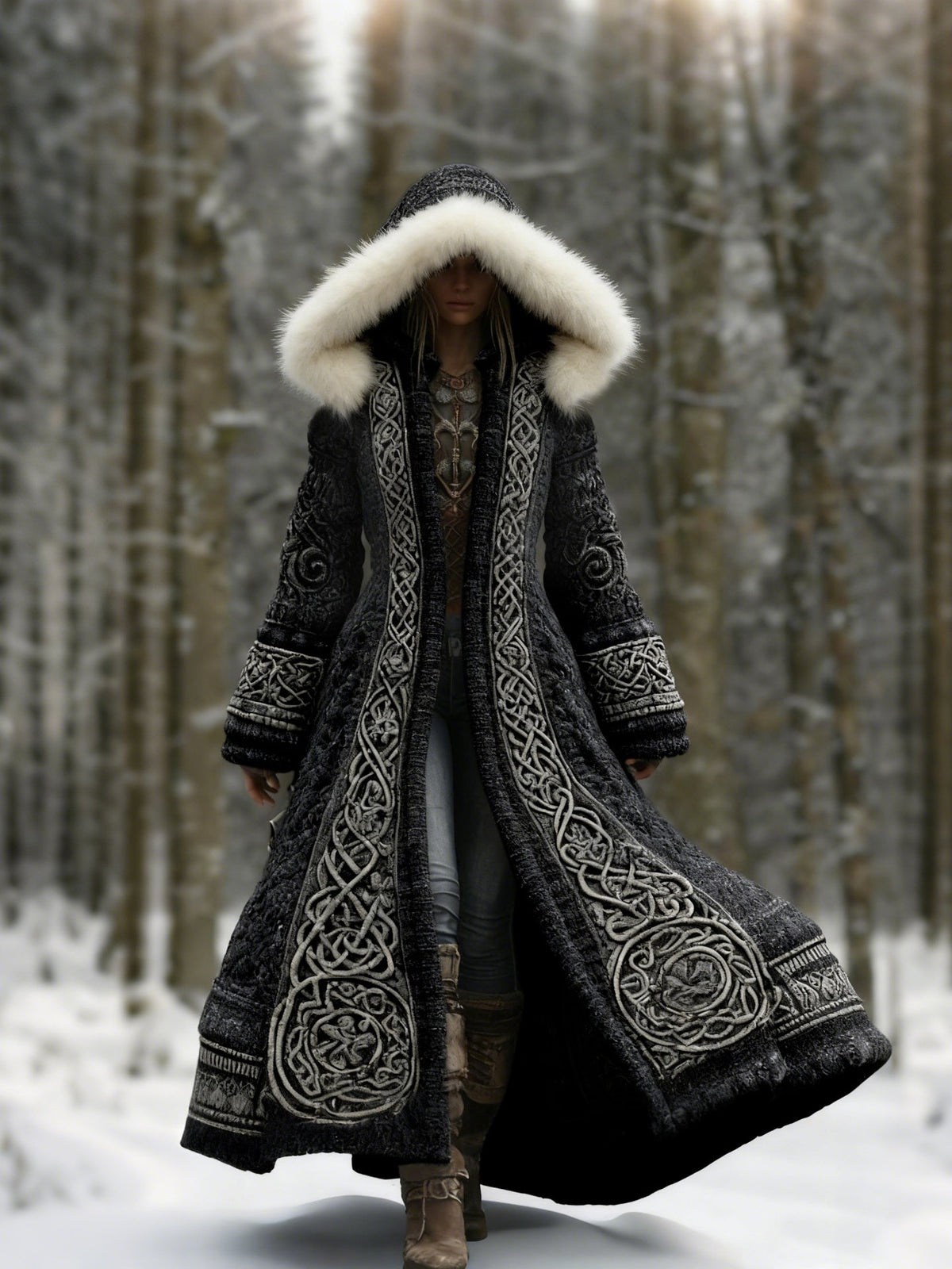 Women's Hooded Embroidered Long Coat, Fur Trim