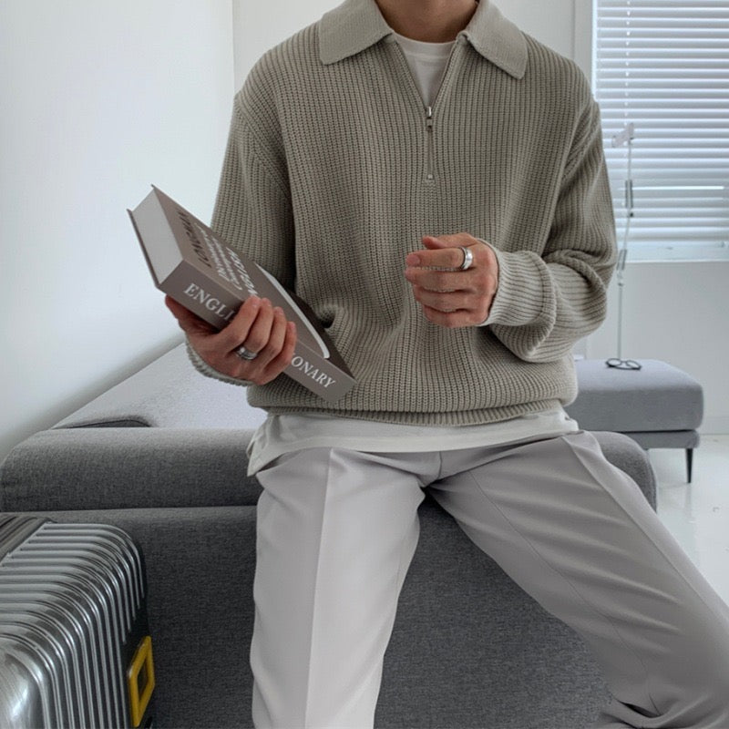 Men's Ribbed Quarter-Zip Collared Sweater, Long Sleeves