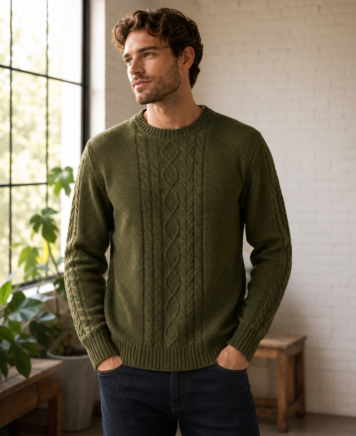 Men's Cable Knit Crew Neck Sweater, Long Sleeves
